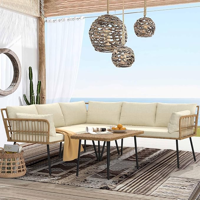 YITAHOME 4 Pieces Patio Furniture Set with 5 Seater Outdoor Sectional with Thickness Cushions and Side Table Boho Patio Conversation Set Outdoor Furniture Set for Backyard Porch Balcony