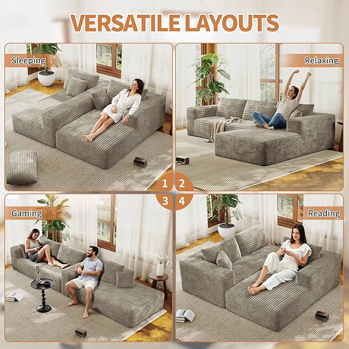 107 Modular Sectional Couches for Living Room Comfy L-Shaped Boneless Cloud Couch with Chaise Modern Deep Seat Corduroy Floor Sofa No Assembly Required (Right Facing Chaise Khaki) | High-density