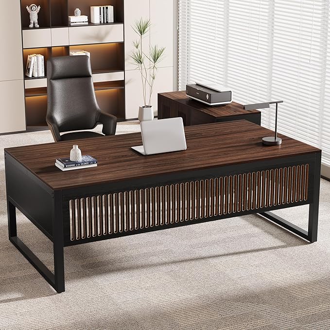 Tribesigns 63-Inch Executive Desk Large Office Desk with Mobile File Cabinet Modern L-Shaped Computer Desk Business Furniture with Door Storage Cabinet for Home Office Dark Walnut &amp Black