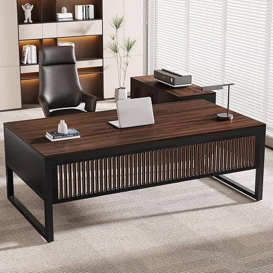 Tribesigns 63-Inch Executive Desk Large Office Desk with Mobile File Cabinet Modern L-Shaped Computer Desk Business Furniture with Door Storage Cabinet for Home Office Dark Walnut &amp Black