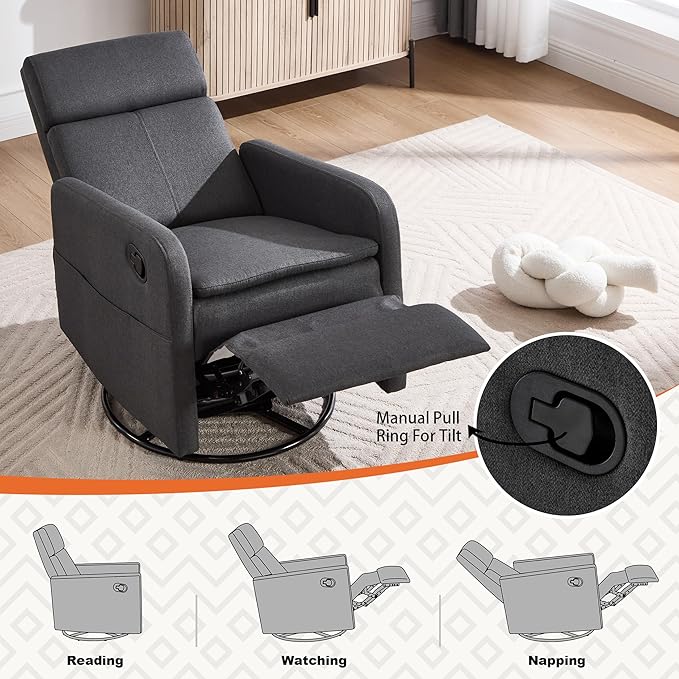 Swivel Rocking Recliner Chair for Adults Rocker Nursery Glider Chair for Living Room Bedroom Upholstered Fabric Reclining Single Sofa Chair(Grey)