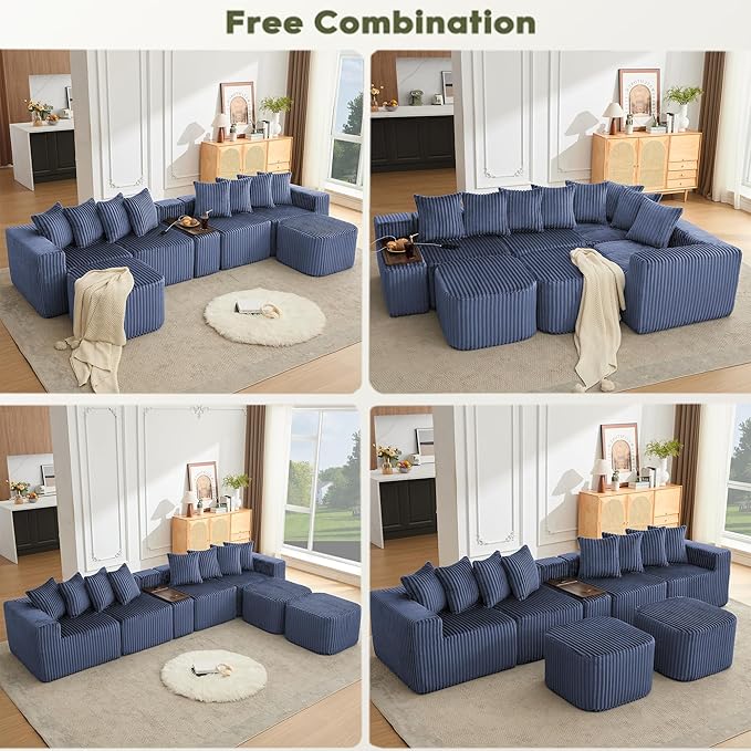 KEIKI 137.5 Modular U-Shape Sectional Sofa Extra-Large Corduroy Couch with Movable Footstool Cup Holders &amp Wireless Charging Board No-Assembly Flexible Seating for Apartments &amp Entertainin