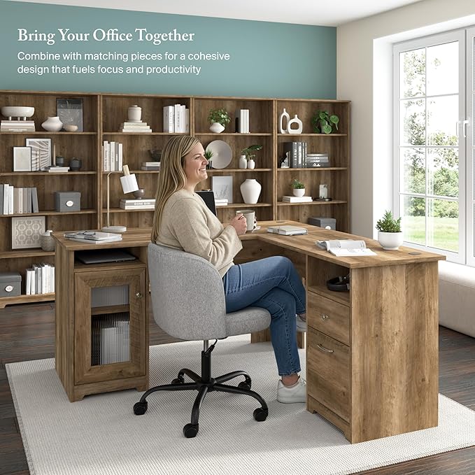 Bush Home Cabot 60W L Shaped Computer Desk with Storage in Reclaimed Pine 60-inch Corner Table with Drawers for Home Office Workspace