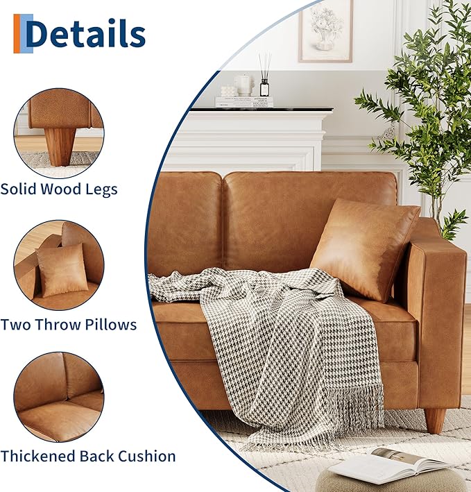 GarveeHome 3-Seater Sofa Couch with 2 Throw Pillows 85 Inches Faux Leather Couch with Wide Armrests Deep Seats Wood Legs Back Cushion Sturdy Support Feet Couches for Living Room Office Brown