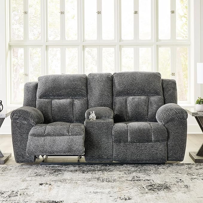 Signature Design by Ashley Frohn Contemporary Manual Reclining Loveseat with Console with Console Storage and Cup Holders Gray