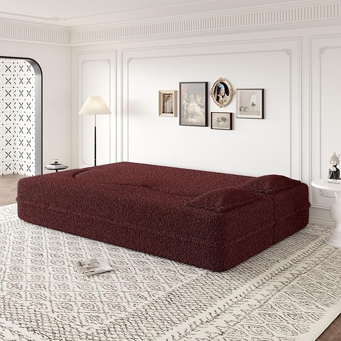 Modern Floor Sofa 78 Convertible Folding Sofa Bed with 2 Pillow Teddy Fabric Foam-Filled Mattress Sleeper for Living Room Guest Bed Playroom No Assembly Required Burgundy