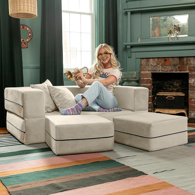 Jaxx Zipline Convertible Sleeper Loveseat &amp Ottomans Textured Microvelvet - Ivory