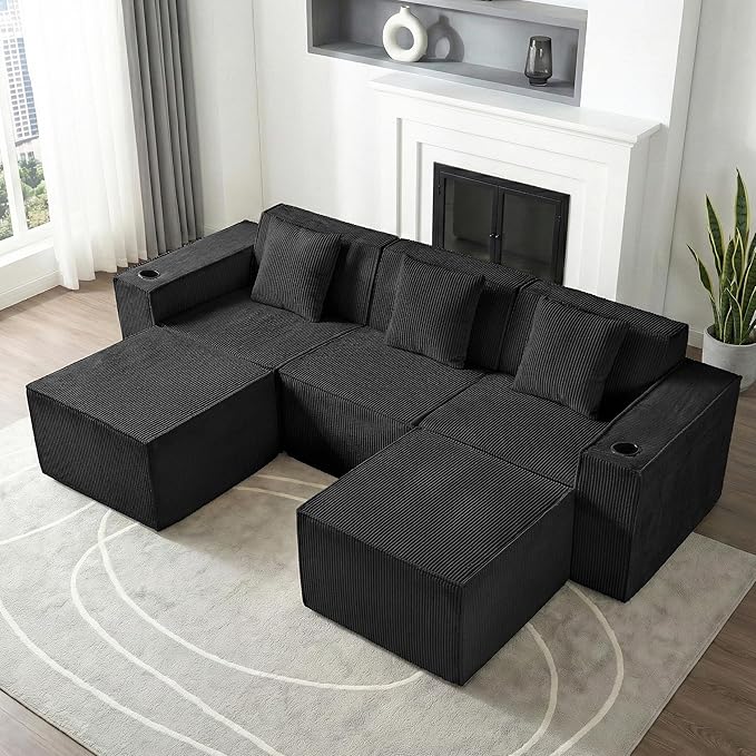 Cloud Modular Sectional CouchBoneless Corduroy Sofa for Living RoomU Shaped Sofa with OttomanDeep SeatNo Assembly Required (Black U Shaped 3 Seater + 2 Ottoman)