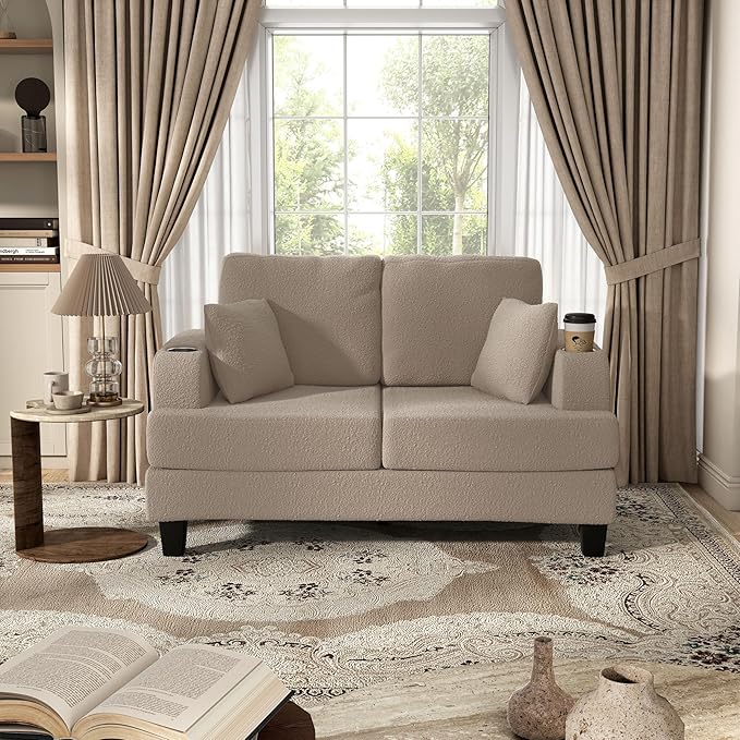 Homes: Inside + Out Reese Modern Plush Boucle Comfortable Loveseat with Side Pockets Cup Holders and Pillows Wooden Soft Couch for Living Room Bedroom and Office Beige