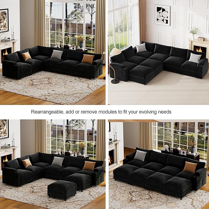 Sectional Couches for Living Room FSC Certified Velvet Modular Couch Oversized Cloud U Shaped Convertible Sleeper Sofa Chaise Detachable Armrest Cushio (Chenille Black U Shape 8 Seat)