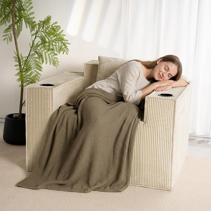 Cloud Single SofaChaise Lounge Chair with Cup Holder &amp Side PocketElevated Seat HeightNo Assembly RequiredBoneless Corduroy Chair for Small SpaceBedroomOffice (Khaki Single Sofa)