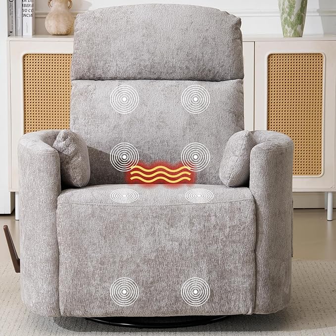 Oversized Swivel Rocker Recliner with Massage and Heat Rocker Nursery Recliner for Adults with Adjustable Headrest 26 Extra Wide Nursery Chair with 2 Pillows Light Grey
