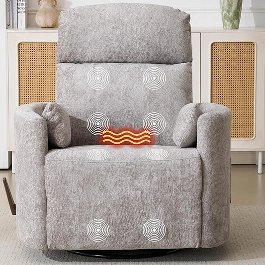 Oversized Swivel Rocker Recliner with Massage and Heat Rocker Nursery Recliner for Adults with Adjustable Headrest 26 Extra Wide Nursery Chair with 2 Pillows Light Grey