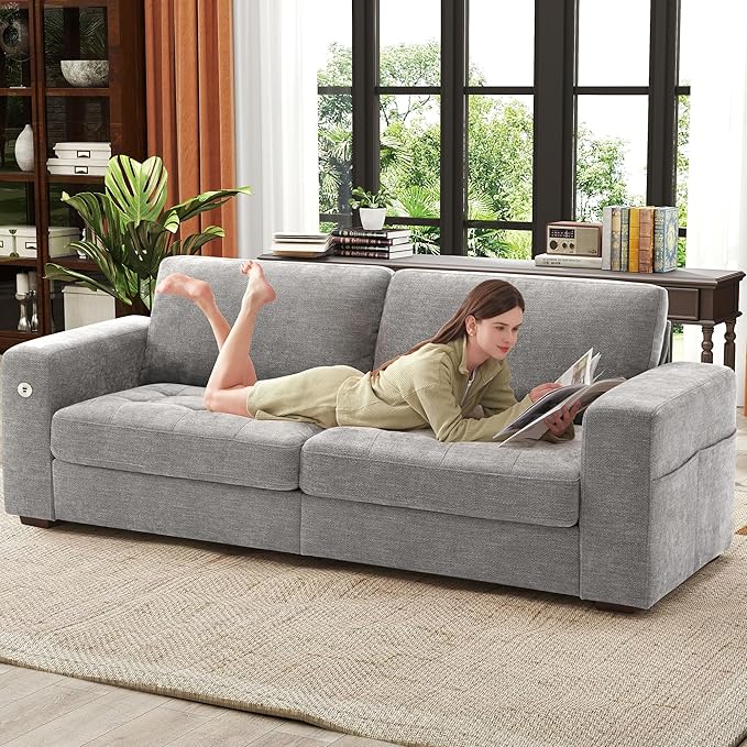 Ihanherry Modern Sofa Living Room Couch with USB/Type-C Charging Port Comfy 3-Seats Chenille Recliner Sofa for Small Space Removable Medium Firm Cushion (89inch Grey)
