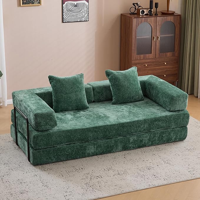 77 Convertible Sleeper Sofa Bed with Fixed-Shape Frame Modern Chenile Folding Boneless Couch with 2 Pillows Comfy Floor Sofa Couch for Living Room No Assembly Required Green
