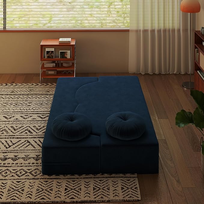 76 Plush Corduroy Convertible Sleeper Sofa Bed Modern Loveseat Sofa with 2 Pillows Compression Couch with Folding Mattress for Living Spaces Blue
