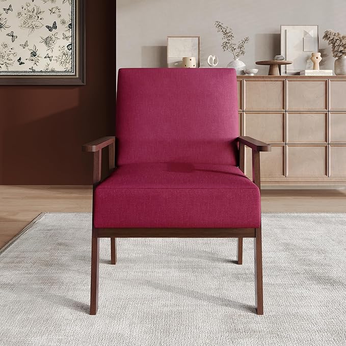 Mid-Century Modern Accent Chair Linen Upholstery Wooden Armrests Cushioned Seat Easy Assembly Pink