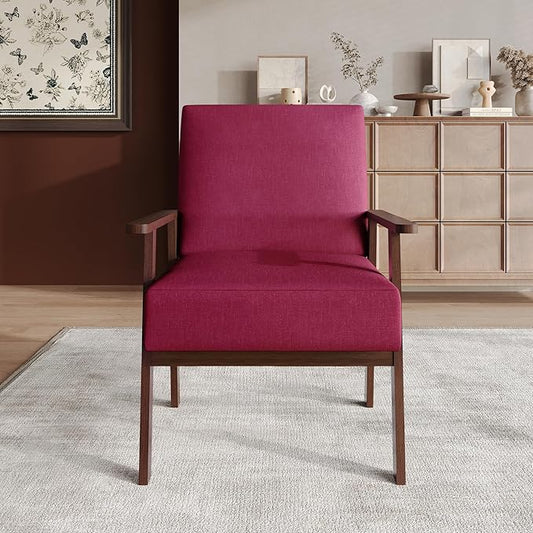 Mid-Century Modern Accent Chair Linen Upholstery Wooden Armrests Cushioned Seat Easy Assembly Pink