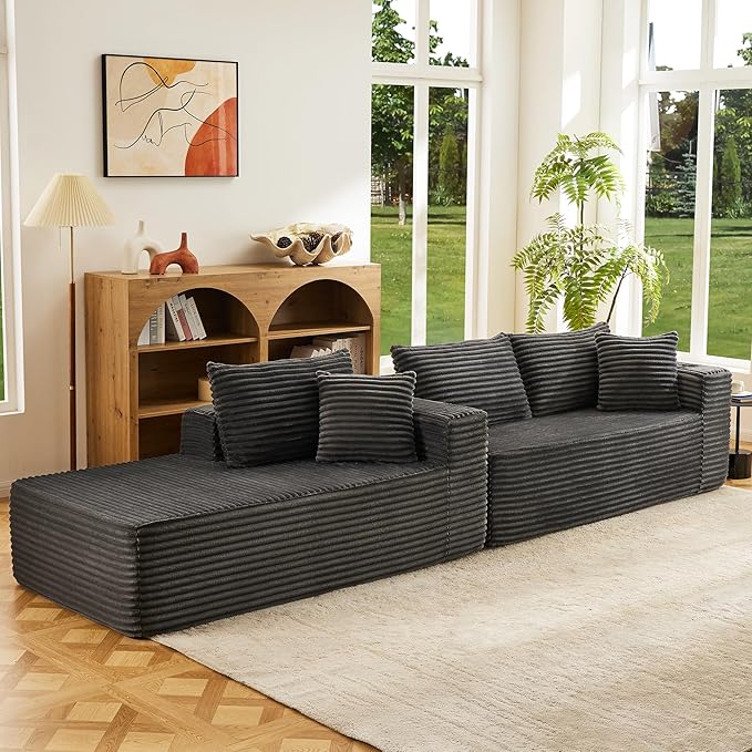 Modular Compressed Sectional Sofa Set – Velvet Corduroy Upholstery Convertible Couch with Cup Holders and Pillows for Living Room Grey
