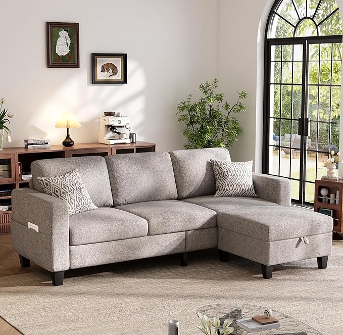 Sectional Sofa and Couches for Living Room 78'' Brown 3 Seat L-Shaped Couch with Movable Ottoman Comfy Linen Convertible Sectionals Sofas with Chaise for Apartment Dorm Small Space