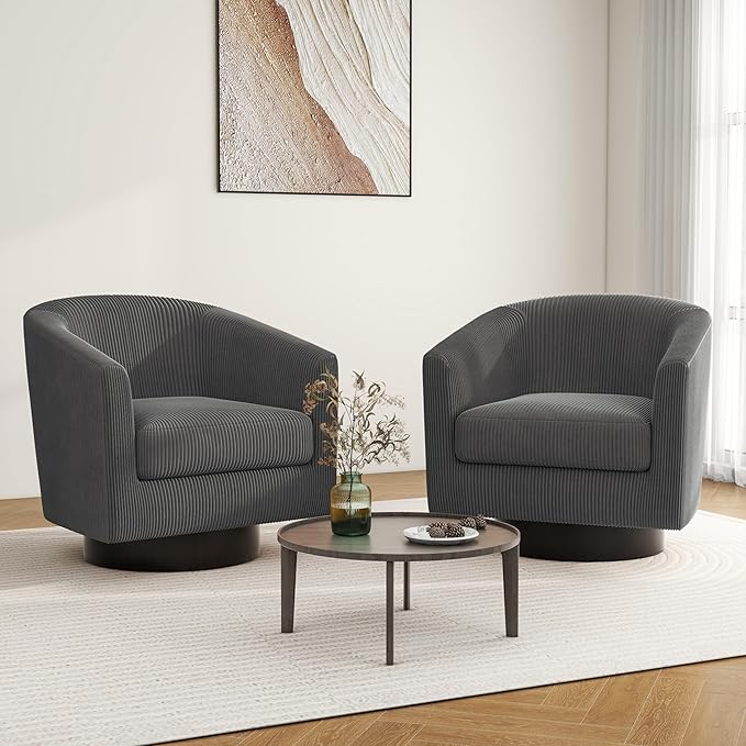Swivel Barrel Accent Chair Modern Round Corduroy Fabric Arm Chair for Living Room Bedroom Comfy Club Reading Chairs for Adults (Corduroy Grey Set of 1)