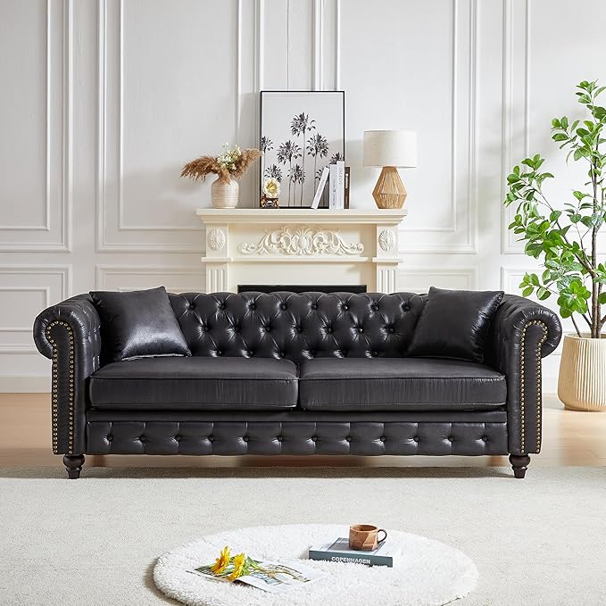 KEIKI Chesterfield Sofa Retro Style Upholstered 3+3 Seats Tech Fabric Couch with Rolled Arm for Living Room Bedroom Office Black
