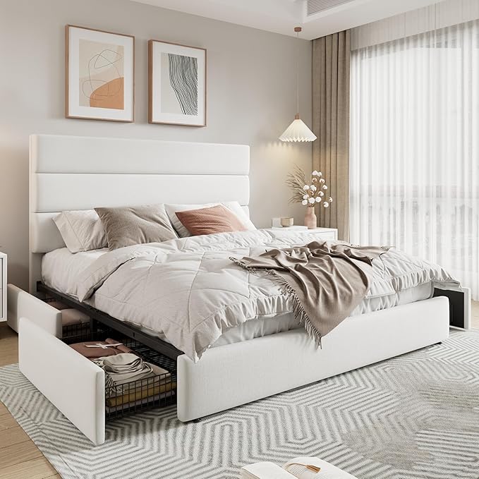 Allewie Modern Queen Size Platform Bed Frame with 4 Storage Drawers and Velvet Upholstered Headboard Wooden Slats Support Upholstered Mattress Foundation/No Box Spring Needed/Easy Assembly White