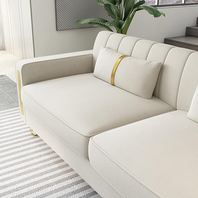 Modern Velvet Loveseat Sectional Sofa with Gold Legs 86 Large Beige Upholstered Deep Seat Chaise for 3-4 Persons Living Room Office Apartment