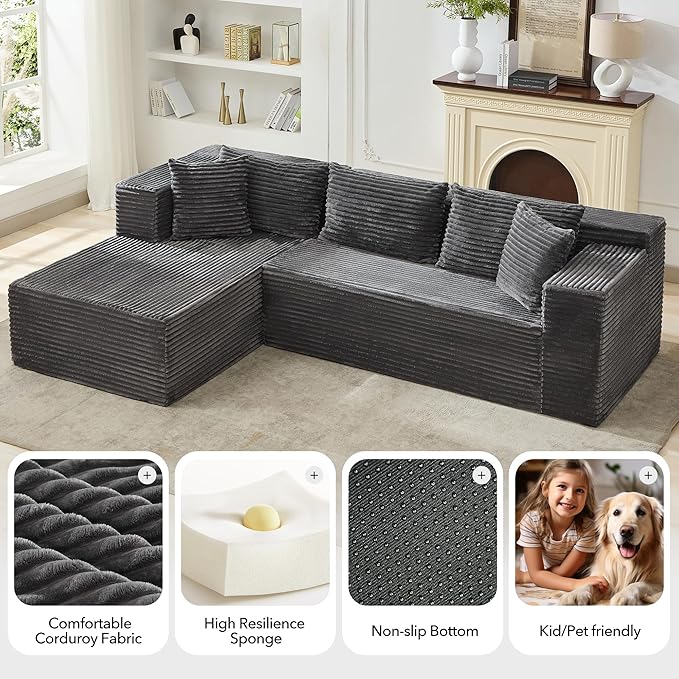 106 Modular Sectional Sofa Cloud Sectional Couch with Deep SeatSoft Corduroy FabricBoneless Couch Sectionals with Left Facing Chaise SofaGrey