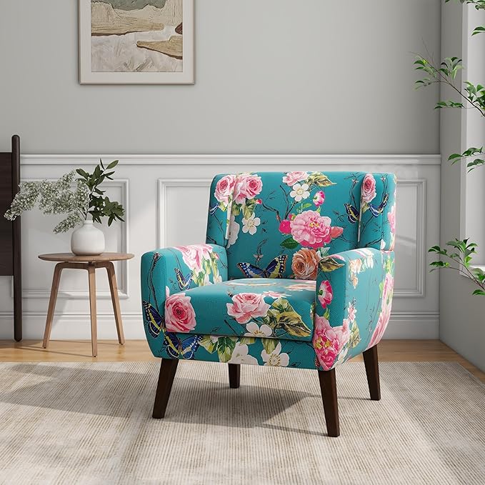 Accent Chair Modern Linen Blend Arm Chair for Living Room Bedroom Comfy High-Resilient Sponge Reading Chair for Small Spaces (Pattern Floral Blue Set of 1)