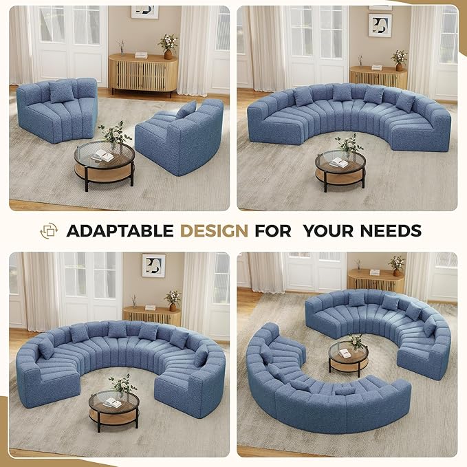 2PCS 1/8 Round Curved Sofa 2 Seater Modular Velvet Couch Modern Boneless Sectional Couches for Living Room No Assembly Required Light Blue