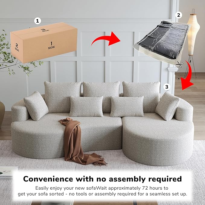 105 Boneless Chenille Upholstered Oversized Sofa Sectional 4-Seater 29.8 Deep Seat Curved Cloud Couch with 7 Pillows Free Combination Sofa Couch for Living Room (Beige 105 Right Lounge)
