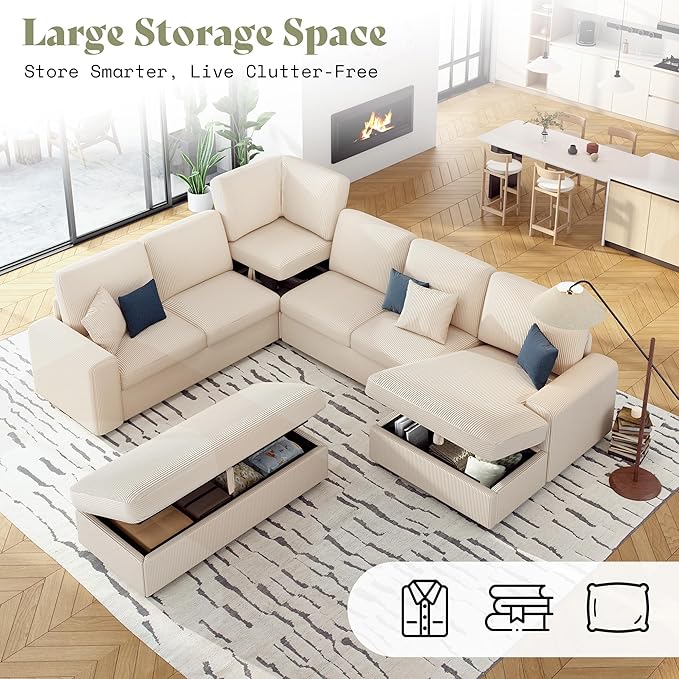 AMERLIFE 129 Inch Sectional Couches for Living RoomSectional Couch with Storage &amp OttomanModular Sectional Sofa Converts to SleeperCloud Couch Sectional for Large Space with CorduroyOff-White