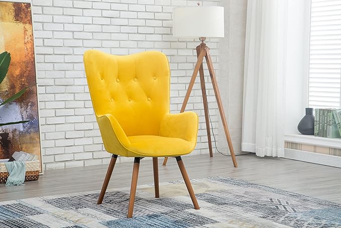 Roundhill Furniture AC155YL Doarnin Silky Velvet Tufted Button Accent Chair Yellow 30D x 41.5W x 26.8H in