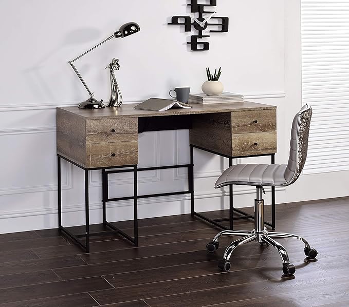 Rustic Oak &amp Black Writing Desk with USB Port - Modern Home Office Design