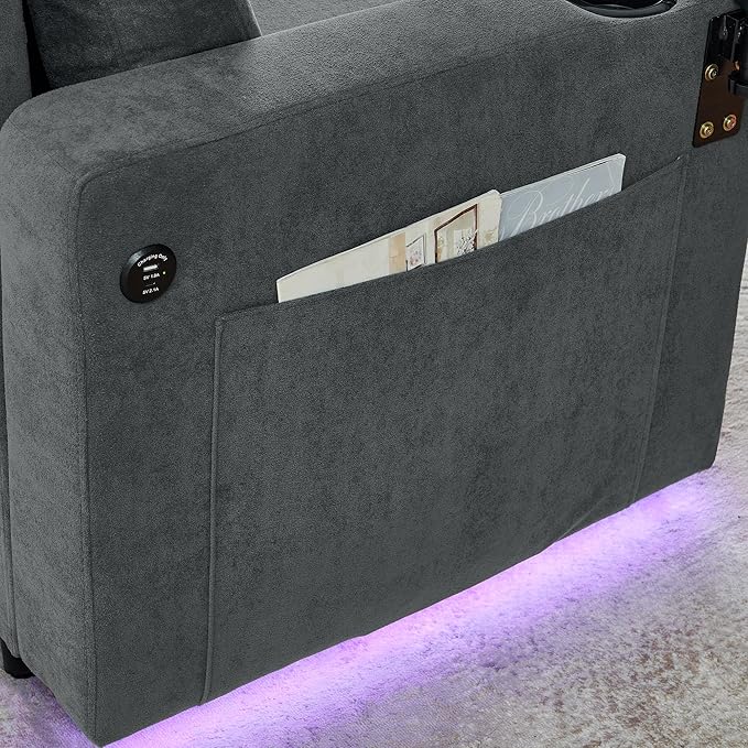 KEIKI 85 L-Shaped Chenille Sectional Sofa with Pull-Out Bed Storage Chaise Lounge Retractable Table USB Cup Holders Convertible 3-Seater Sleeper Couch Bed Easy Assembly for Living Room Grey