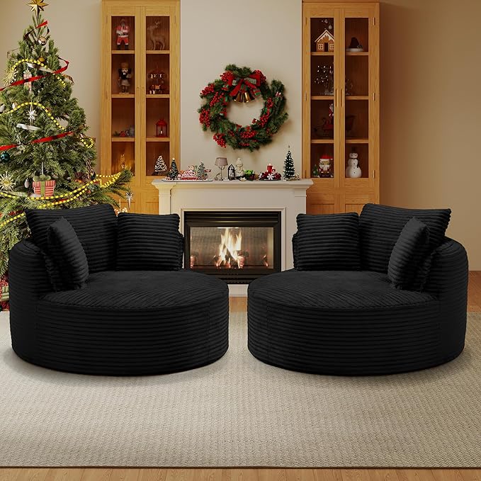 53W Oversized Round Chair Lounge Chaise Indoor Corduroy Comfy Circle Reading Armchair Upholstered Modern Cloud Boneless Chairs Cozy Floor Sofa Chair for Living Room Bedroom Apartment(Black)