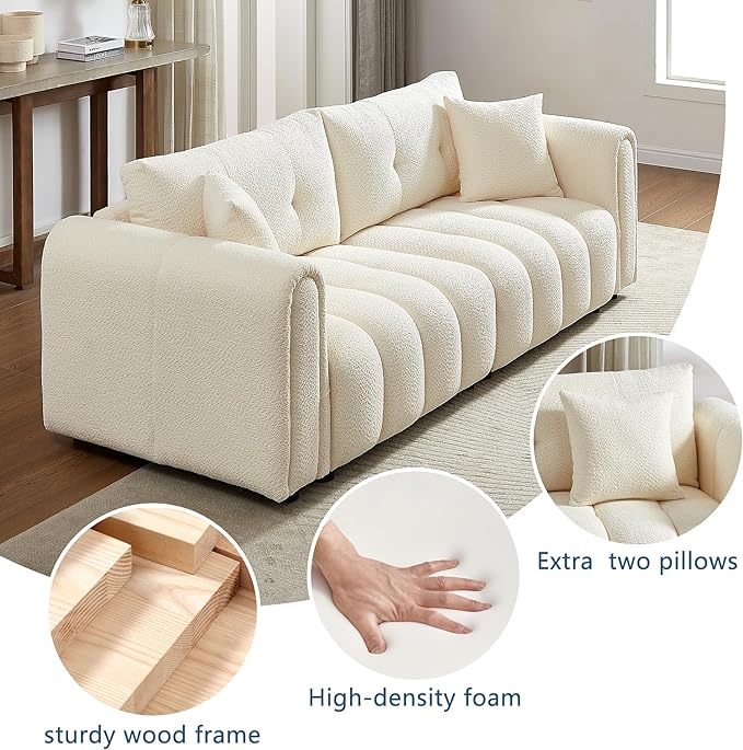 91.5 Modern Bubble Sofa Couch w/Medium Firm Seat Cushion and Deep Seats &amp Chenille Fabric 3 Seater Couch Sofa for Living Room Apartment Lounge Office.(Beige)