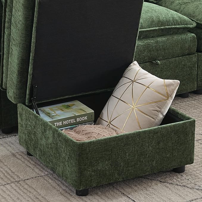 27 Large Square Ottoman with Storage Modern Upholstered Footrest with Anti-Slip Legs for Couch Coffee Table Living Room Bedroom Entryway Chenille Green