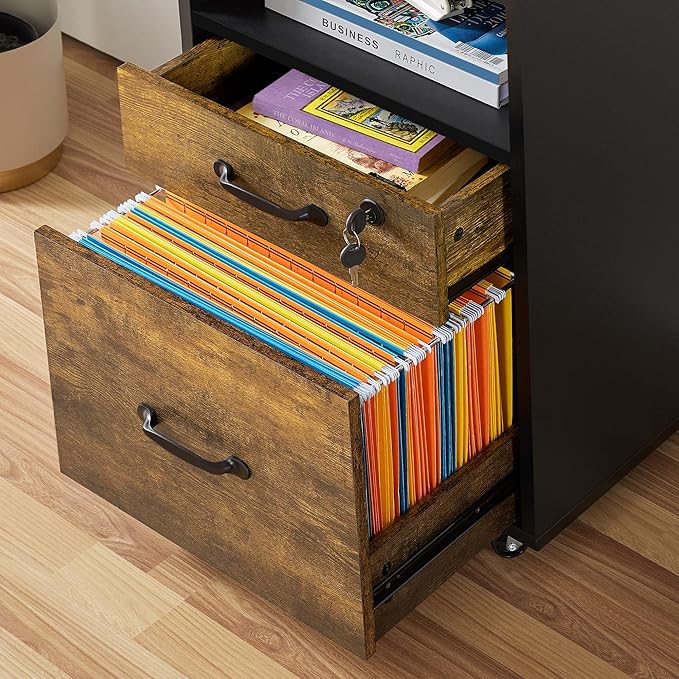 Topeakmart Rolling Vertical Filing Cabinet with 2 Drawer and 1 Open Compartments File Storage Cabinet with Lock Printer Stand for Home and Office Black/Rustic Brown