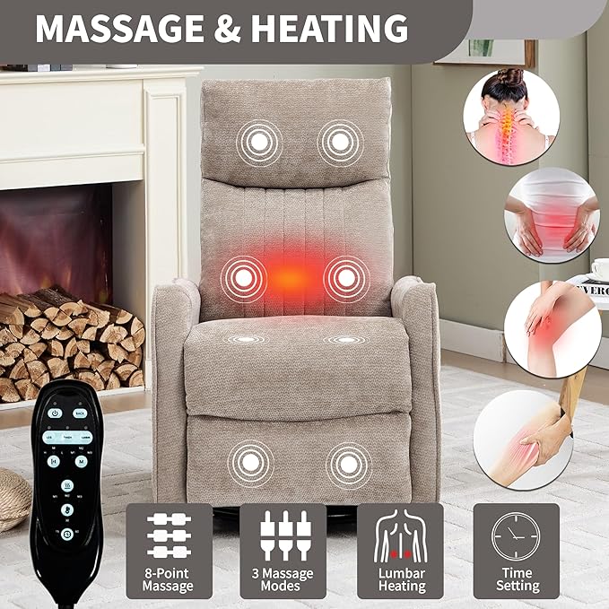 Khaki 360° Swivel Rocker Recliner Chair Massage Reclining Chair with 8-Point Vibration &amp Lumbar Heat for Adults Elderly 155° Recline Easy Assembly for Living Room
