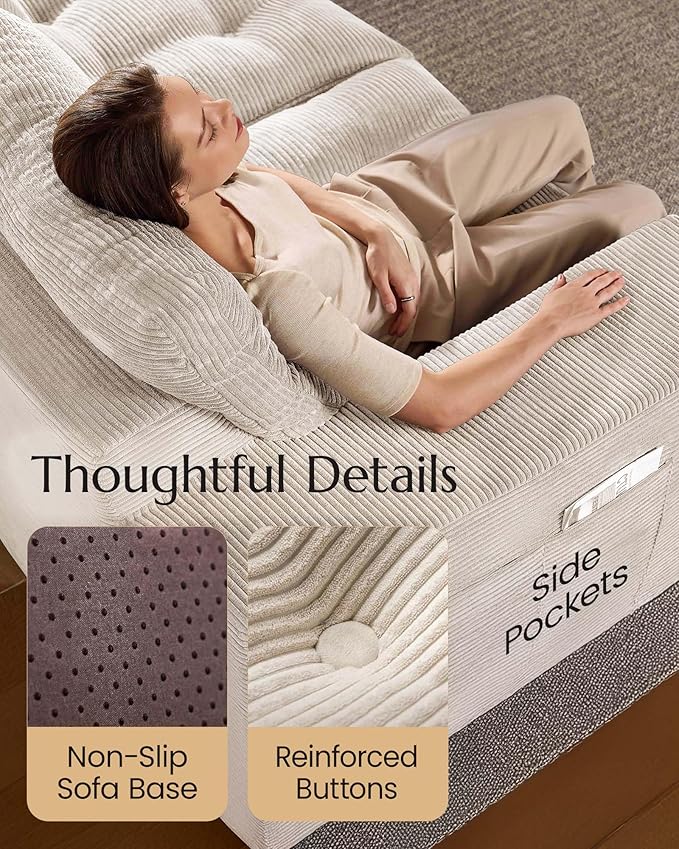High Back Boneless Couch with 2-Pack Pillow Blankets U Shaped Modular Sectional Sofa with Ottoman Soft Corduroy Cloud Couch Tall Couches for Living Room No Assembly Warm White V2.0