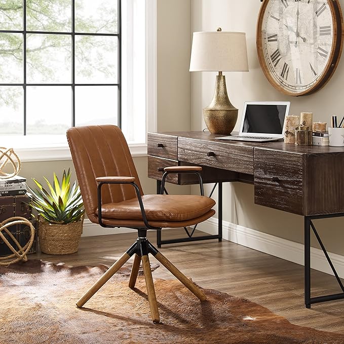 Art Leon Desk Chair No Wheels Set of 2 Mid Century Modern Swivel Chair with Oak Wood Legs Faux Leather Home Office Desk Chairs for Bedroom Living Room Yellow Brown