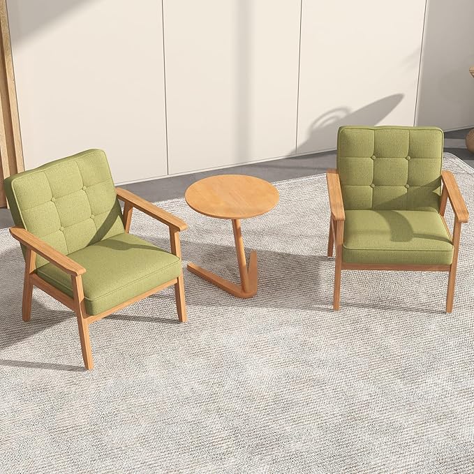 KCC Mid-Century Modern Linen Fabric Accent Chair Upholstered Tufted Leisure Chair Comfy Reading Side Chair with Armrest and Solid Wood Frame for Living Room Bedroom Balcony(Green)