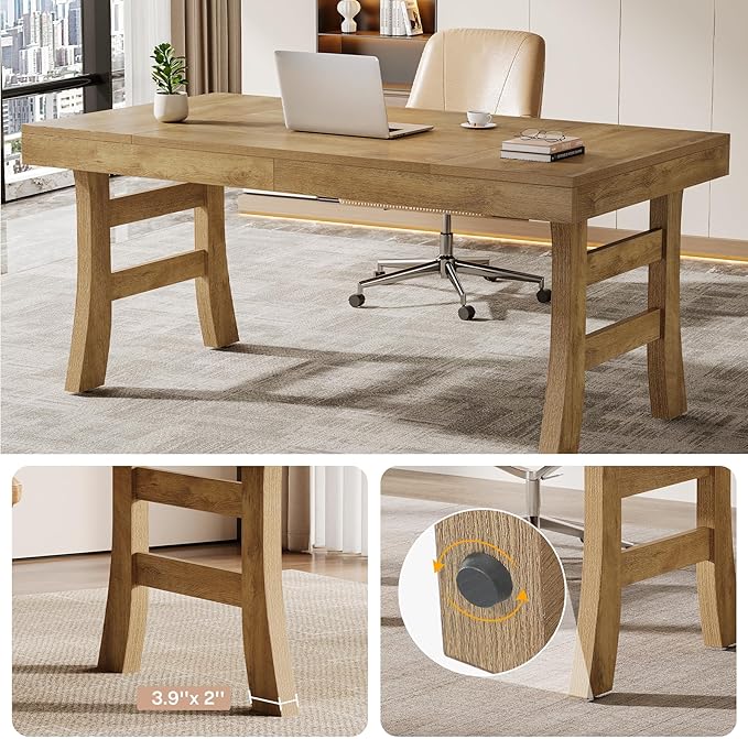 Tribesigns 63-Inch Executive Desk Large Office Computer Desk with Sturdy Legs Farmhouse Simple Workstation Writing Study Table for Home Office Light Brown