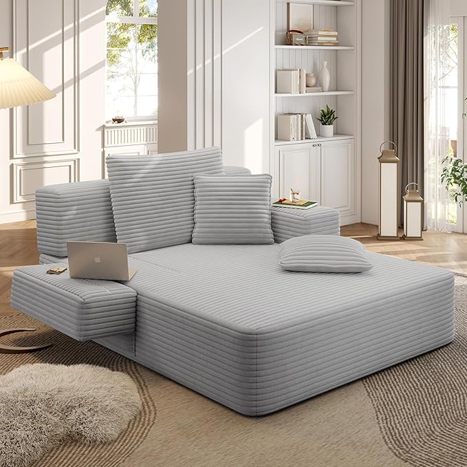 48.5 Oversized Chaise Lounge Chair Indoor 3-in-1 Convertible Sleeper Sofa Bed Plush Corduroy Boneless Chaise with 3 Pillows &amp Side Pockets Adjustable Back/Armrest for Living Room - Light Grey