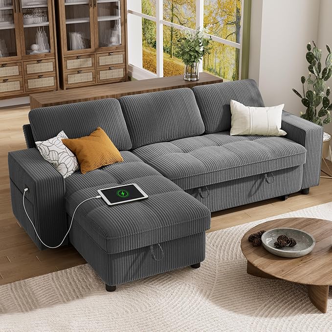 Vipbear Sectional Sleeper Couch with Pull Out Sofa Bed L Shaped Plush Corduroy Couch with Reclining Backrest &amp Storage &amp USB Charging Convertible Cloud Sectional Sofa Bed for Living Room Gr