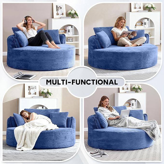 Oversized Round Chair Lounge Chaise Indoor 53.5 Corduroy Boneless Round Chair Fluffy Single Deep Seat Cloud Sofa Chairs Modern Circle Chaise Lounge for Bedroom Living Room Blue