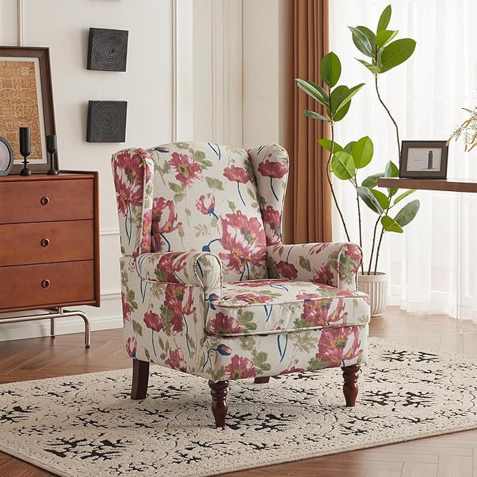 MELLCOM Floral Accent Chair High Back Upholstered Armchair with Solid Legs Leisure Single Sofa Chair for Living Room Bedroom Home Office Pink Floral