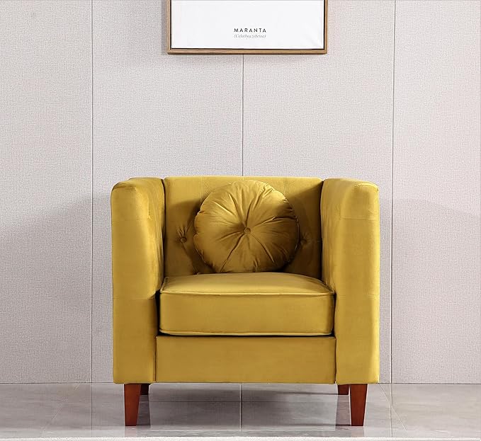 Kittleson Classic Chesterfield Velvet Accent Chair with Elegant Button Tufted Backrest Square Legs High-Density Foam &amp Accent Pillows Arm Chair for Living Room Chair Yellow/Green